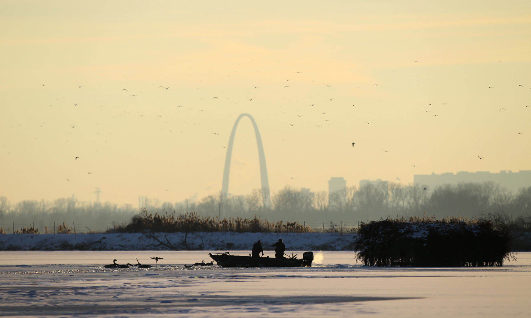 Duck hunters at Horseshoe Lake State Park in Madison County, Ill.